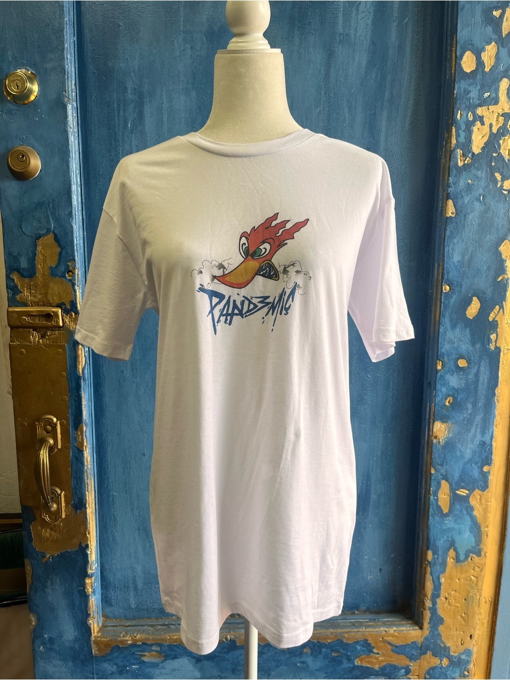 White Short-Sleeve Graphic Tee with Red & Yellow Cartoon Print